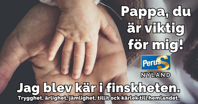 Ruotsinkielinen isänpäiväkortti, jossa on kuva isän kämmenestä, jonka päällä on pieni lapsen kämmen. Kortin tekstinä on "Pappa, du är viktig för mig!".